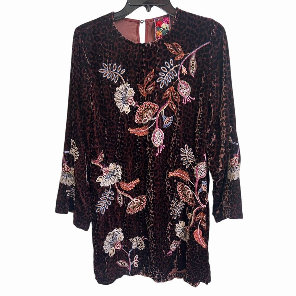 Johnny Was Swing Dress Velvet Embroidered Leopard Print Sz S Kimono Sleeve Boho
